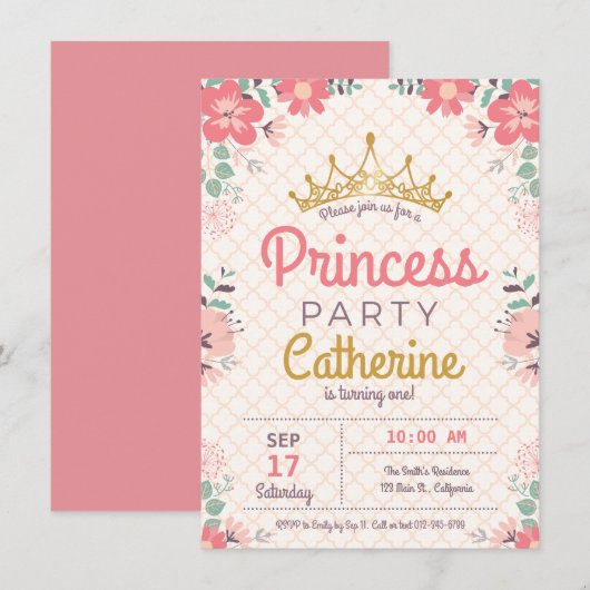Invitation Princess Party sur Floral Arrière - plan. (Devant / Derrière)