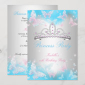Invitation Princess Party Turquoise Bleu Tiara Papillon rose (Devant / Derrière)