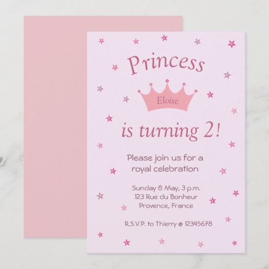 Invitation Princess Pink Crown Tiara Stars Enfants Bébé Anniv (Devant / Derrière)