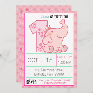 Invitation Princess Pink Elephant 1er Anniversaire