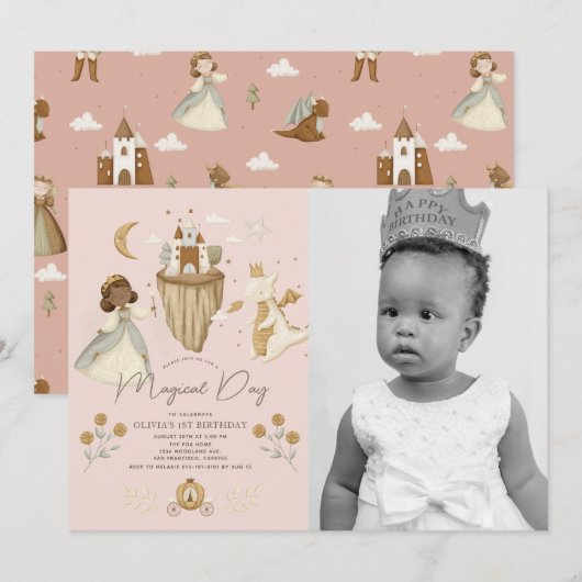 Invitation Princess Pink Fairytale Dark Skin 1er anniversaire (Devant / Derrière)