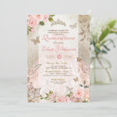 Invitation Princess Pink Gold Rose Butterfly Glam Quinceanera (Debout devant)