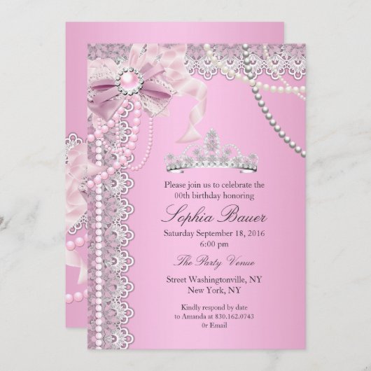 Invitation Princess Pink Pearl Bow Lace Anniversaire A (Devant / Derrière)