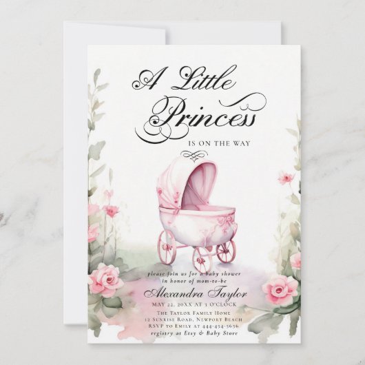 Invitation Princess Pram Roses Aquarelle Bébé Fille Douche (Devant)