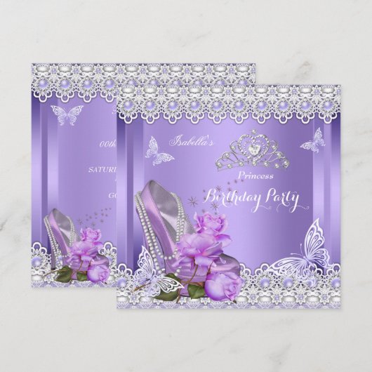 Invitation Princess Purple Pearls Rose High Heel Anniversaire (Devant / Derrière)