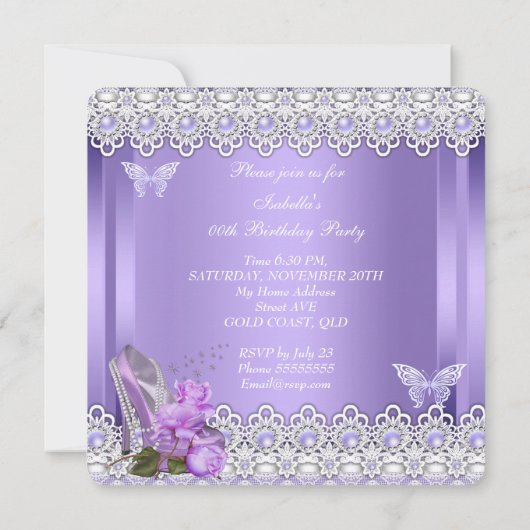 Invitation Princess Purple Pearls Rose High Heel Anniversaire (Dos)