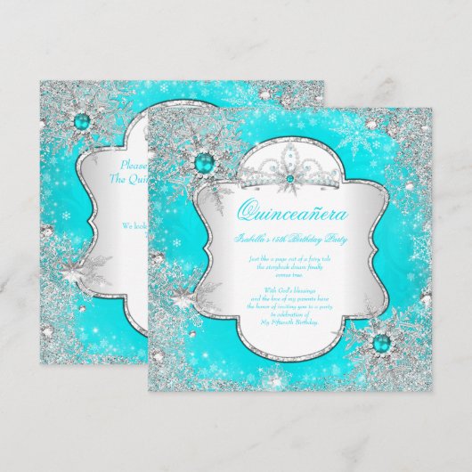 Invitation Princess Quinceanera Aqua Turquoise Winter Wonderl (Devant / Derrière)