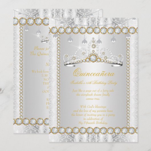 Invitation Princess Quinceanera Diamond Lace Or Argent (Devant / Derrière)