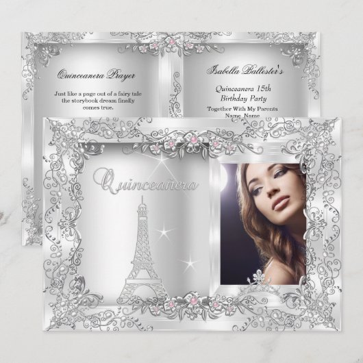 Invitation Princess Quinceanera Silver Photo Party (Devant / Derrière)