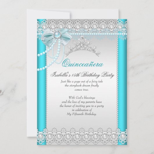 Invitation Princess Quinceanera Turquoise Blue Lace Pearl Tia (Devant)