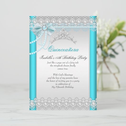 Invitation Princess Quinceanera Turquoise Blue Lace Pearl Tia (Debout devant)