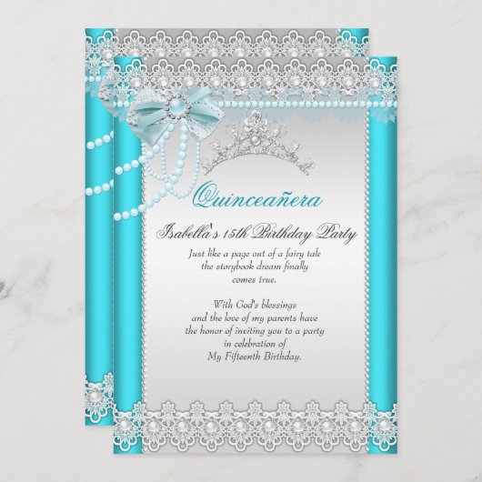 Invitation Princess Quinceanera Turquoise Blue Lace Pearl Tia (Devant / Derrière)
