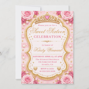 Invitation Princess Roses en or rose Élégant Sweet 16