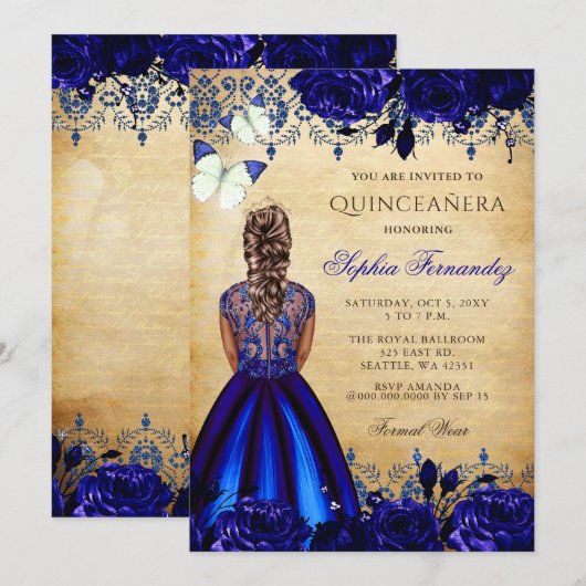 Invitation Princess Royal Blue Butterfly Quinceañera (Devant / Derrière)