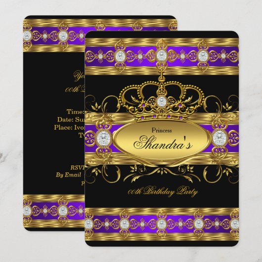 Invitation Princess Royal Purple Gold Diamond Queen Crown (Devant / Derrière)