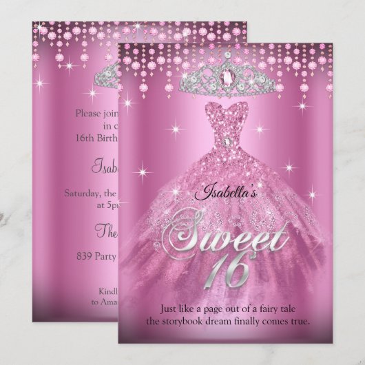 Invitation Princess Sweet 16 Anniversaire Rosée Tiara (Devant / Derrière)
