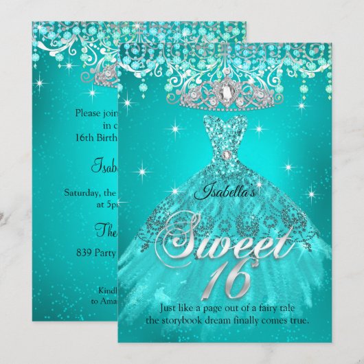 Invitation Princess Sweet 16 Anniversaire Turquoise Aqua Robe (Devant / Derrière)