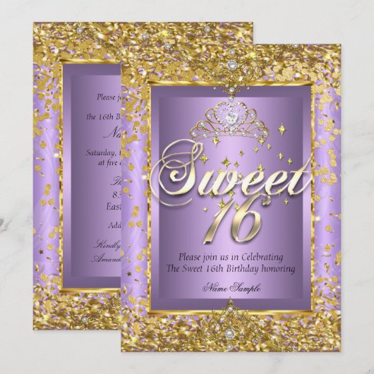 Invitation Princess Sweet 16 Gold Lavender Purple Party (Devant / Derrière)