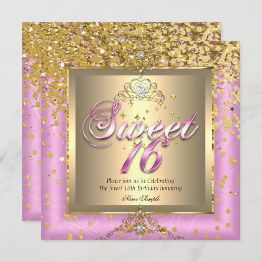 Invitation Princess Sweet 16 Gold Rose fête d'anniversaire (Devant / Derrière)