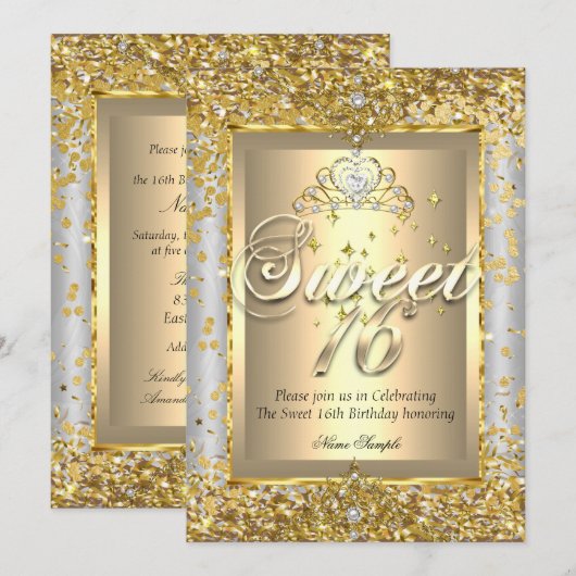 Invitation Princess Sweet 16 Gold Silver Grey Party (Devant / Derrière)