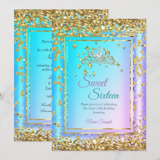 Invitation Princess Sweet 16 Gold Turquoise Purple Party (Devant / Derrière)