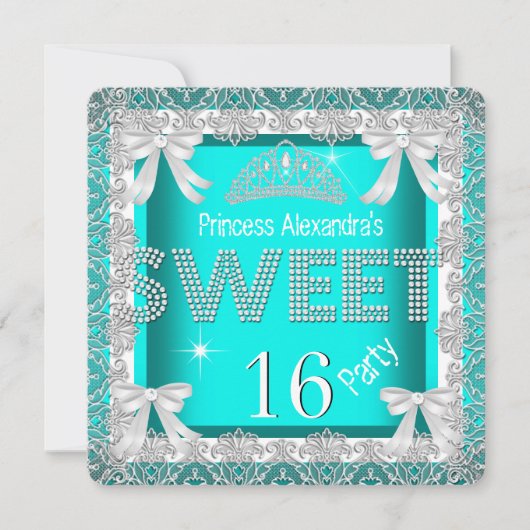 Invitation Princess Sweet 16 Parties scintillant Bleu Turquoi (Devant)