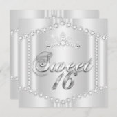 Invitation Princess Sweet 16 Party Argent Blanc Diamant Trim (Devant / Derrière)