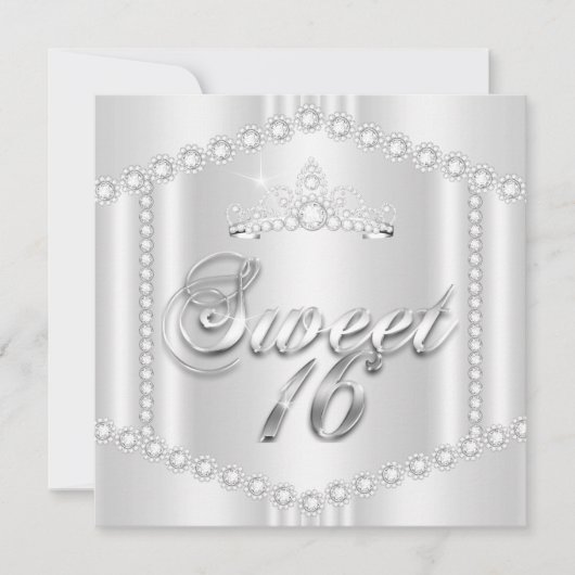 Invitation Princess Sweet 16 Party Argent Blanc Diamant Trim (Devant)