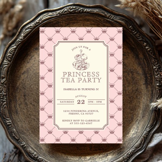 Invitation Princess Tea Party Elegant Pink Crown Pattern