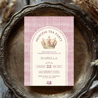 Invitation Princess Tea Party Vintage Pink Linen Arched