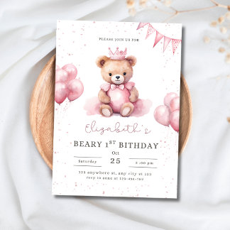 Invitation Princess Teddy Bear Beary 1st Birthday Pink Girls