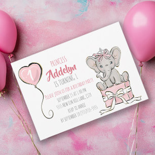 Invitation Princess Tiara Elephant Pink Balloon 1er anniversa