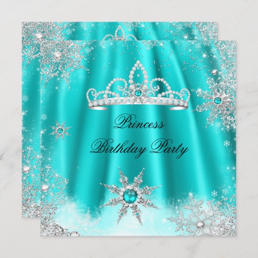 Invitation Princess Tiara Turquoise Blue Snowflake fête d'ann (Devant / Derrière)