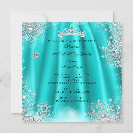 Invitation Princess Tiara Turquoise Blue Snowflake fête d'ann (Dos)