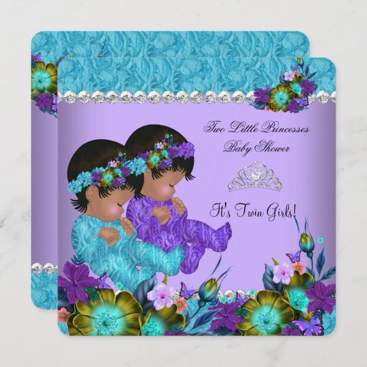 Invitation Princess Twin Baby shower Turquoise Bleu pourpre (Devant / Derrière)
