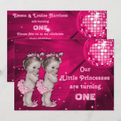 Invitation Princess Twins Pink Disco Ball 1er anniversaire (Devant / Derrière)