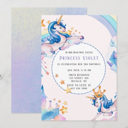 Invitation Princess Unicorn Castle 00e fête d'anniversaire (Devant / Derrière)