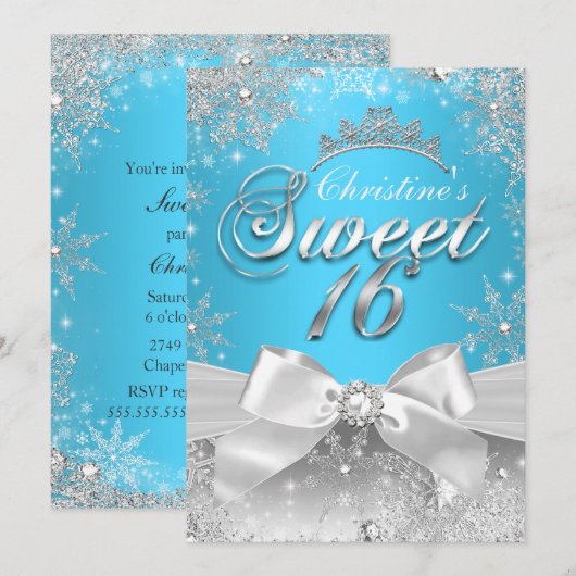 Invitation Princess Winter Wonderland Blue Sweet 16 Invitatio (Devant / Derrière)