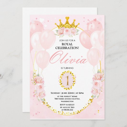 Invitation Princesse 1er anniversaire (Devant / Derrière)