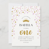 Invitation Princesse 1er anniversaire | Confetti or et rose (Devant)