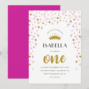 Invitation Princesse 1er anniversaire Confetti or et rose