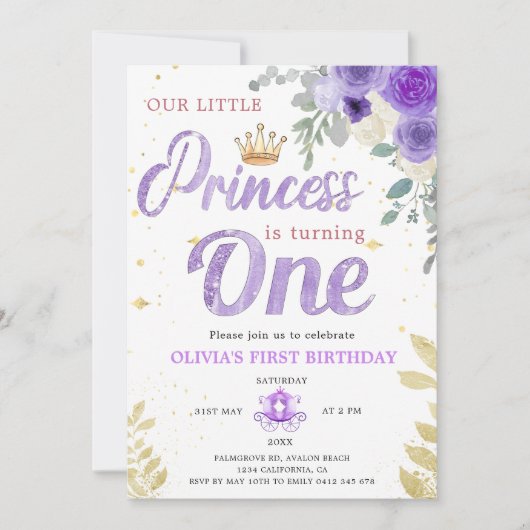 Invitation Princesse 1Er Anniversaire Couronne Lilac pourpre (Devant)