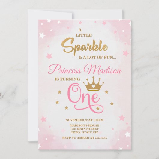 Invitation Princesse 1er Anniversaire Invitation, Rose & Or (Devant)
