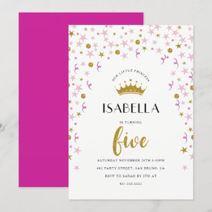 Invitation Princesse 5e anniversaire Confetti or et rose
