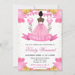 Invitation Princesse à peau foncée en robe rose, fête des 16