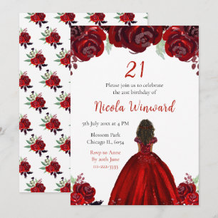 Invitation Princesse à peau foncée Fête d'anniversaire floral