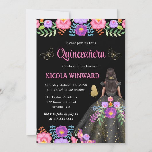 Invitation Princesse à peau foncée Robe mexicaine Quinceanera (Devant)