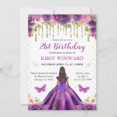 Invitation Princesse à peau foncée Robe violette Anniversaire (Devant)