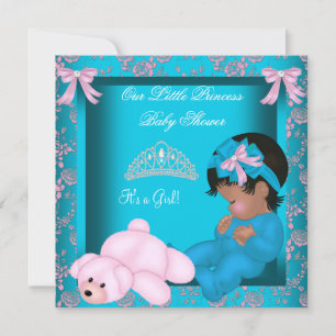 Invitation Princesse Afro-Américaine Baby Shower Bleu Canard 