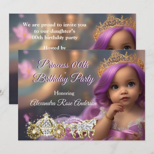 Invitation Princesse Anniversaire Carriple golden violet 2 (Devant / Derrière)
